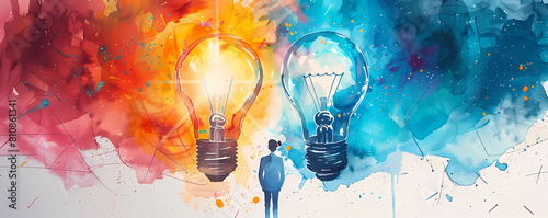 A person standing in front of two light bulbs, one red and one blue. The person is looking up at the light bulbs. The background is a watercolor painting. photo