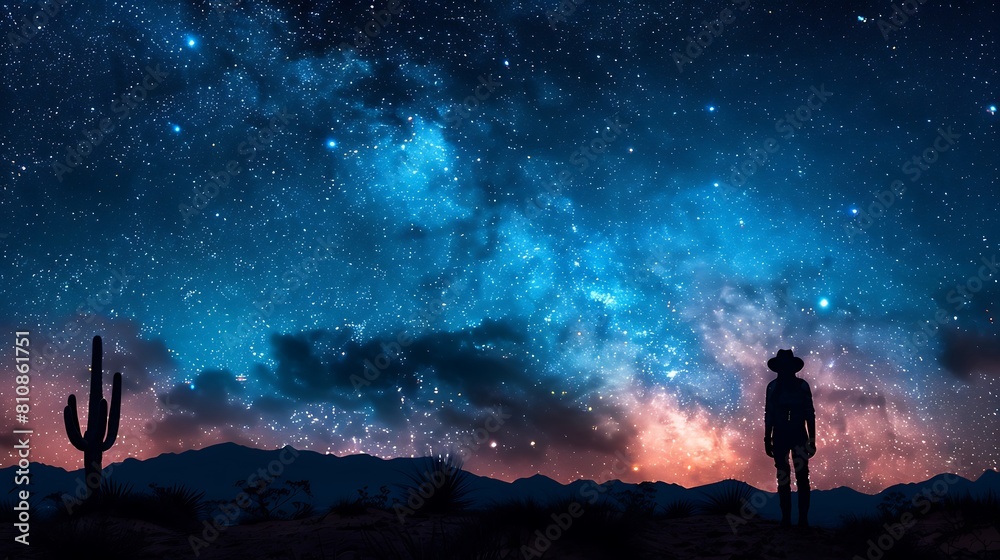 Fototapeta premium Experience a starry night in the desert, with a clear, expansive sky above and the silhouette of cacti and sand dunes below.