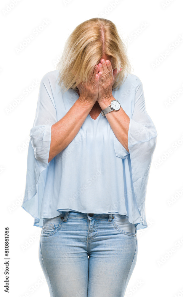 Middle age blonde business woman over isolated background with sad expression covering face with hands while crying. Depression concept. Middle age blonde business woman over isolated background with sad expression covering face with hands while crying. Depression concept.