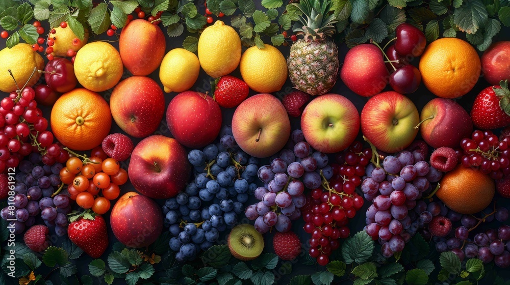 A colorful assortment of fruits including apples, oranges, bananas, and grapes