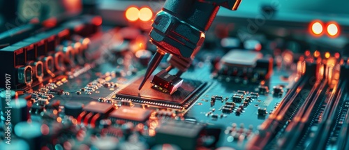 A macro view of the assembly process of Printed Circuit Board  PCB  using an automated robotic arm. Surface Mount Technology  SMT  enables connection of microchips to the motherboard.