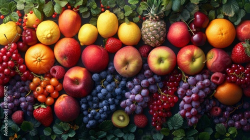 A colorful assortment of fruits including apples  oranges  bananas  and grapes