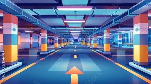 Parking lots in a basement garage, road marking, guiding arrows in the corridor. Modern cartoon interior of a parking lot in a mall or a city house.