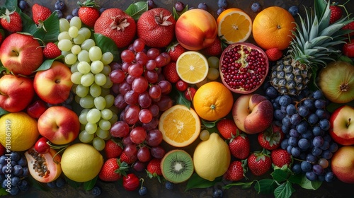 A colorful assortment of fruits including apples  oranges  bananas  and grapes