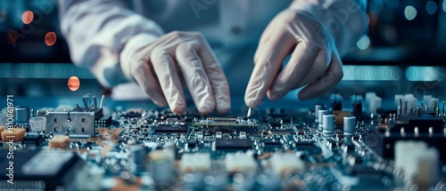 A worker in a high-tech factory assembles electronic printed circuit boards using surface mount technology using a pick and place machine. photo