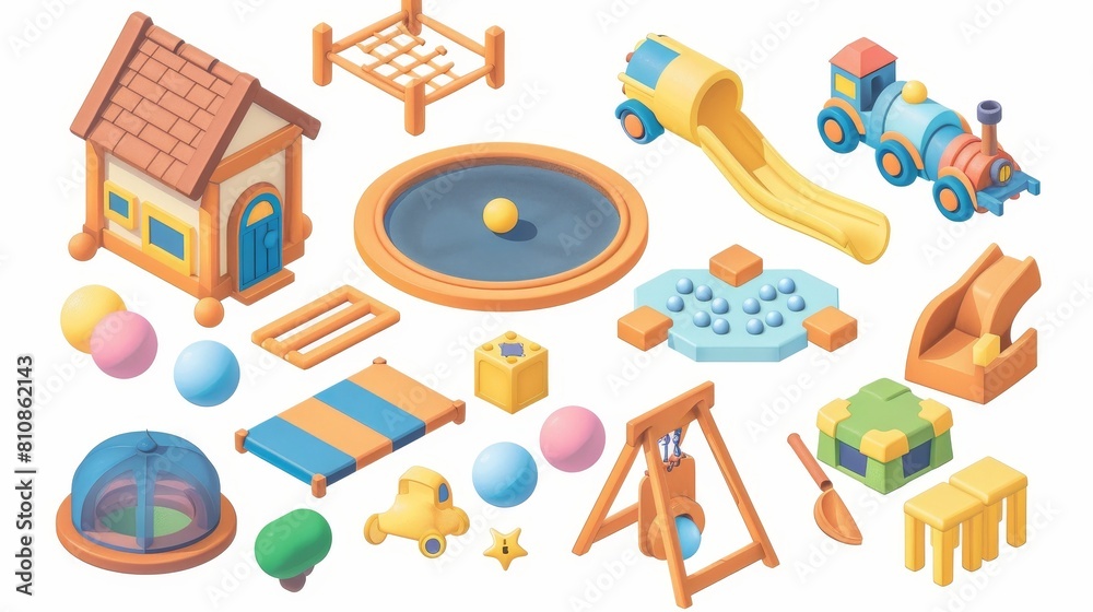 Toys for children's playroom, a dry pool with balls, a trampoline, a wooden house, a train, block cubes, isolated on a white background. Cartoon modern illustration, clipart. Toys for children's playroom, a dry pool with balls, a trampoline, a wooden house, a train, block cubes, isolated on a white background. Cartoon modern illustration, clipart.
