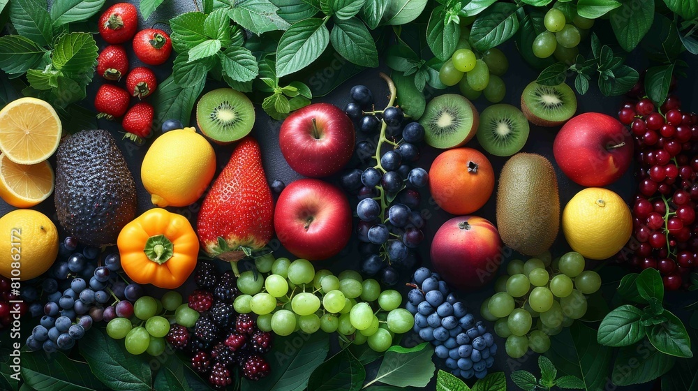 A colorful assortment of fruits including apples, oranges, bananas, and grapes