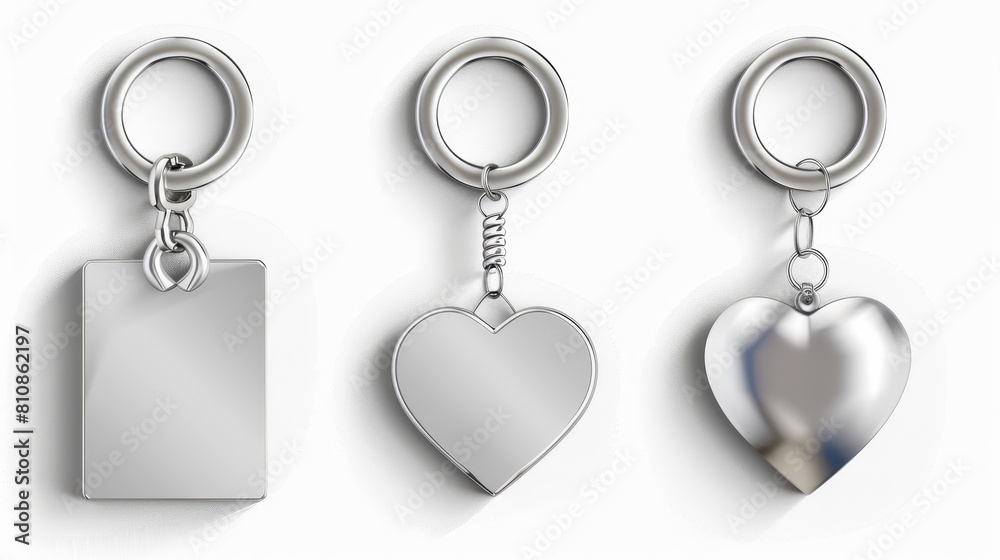 Metal round, rectangular, and heart shaped keyring holders isolated on white background. Silver colored accessories or souvenir pendant mockup. Realistic 3D modern illustration. Metal round, rectangular, and heart shaped keyring holders isolated on white background. Silver colored accessories or souvenir pendant mockup. Realistic 3D modern illustration.