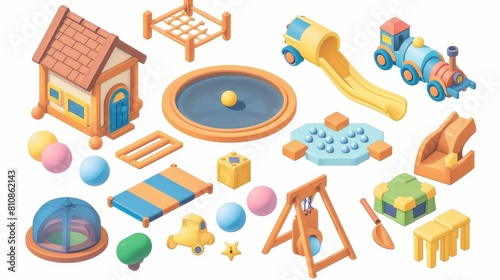 Toys for children s playroom  a dry pool with balls  a trampoline  a wooden house  a train  block cubes  isolated on a white background. Cartoon modern illustration  clipart.