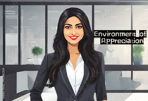 Environment of Appreciation Captivating Confidence a smiling beautiful Indian woman girl wearing a professional dress at office work