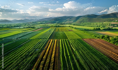 an aerial perspective of vast fields stretching to the horizon  bursting with vibrant greenery  conveying the productivity and fertility of the land during the spring season.