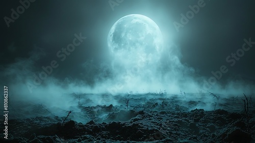 Experience the terror of zombie hands emerging from a freshly turned soil in a haunted field under a full moon. photo