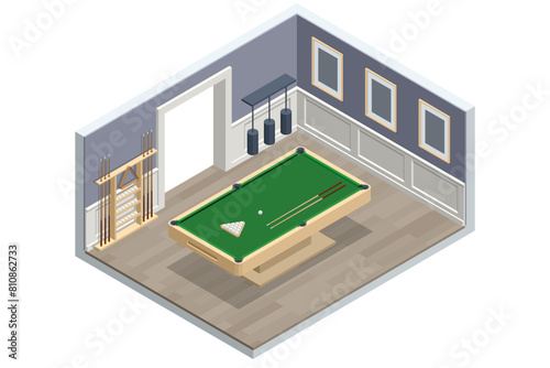 Isometric blue pool in luxury recreation room. Billiard table with green surface and balls in the billiard club.Pool Game. Snooker billiard