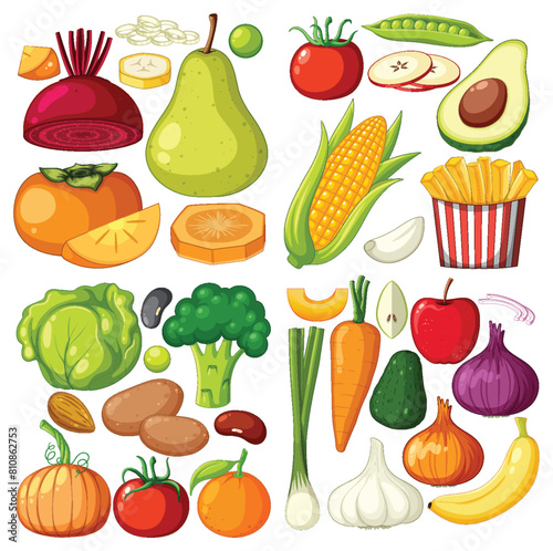 Vector illustration of various fresh fruits and vegetables