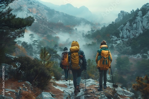 Hiking Companions Explore Breathtaking Mountain Landscape in Misty Forest Retreat