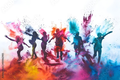 Vibrant Holi Powder Explosion Colorful People Silhouettes in Dynamic Motion on White Background