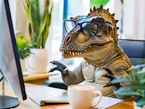 A dinosaur with glasses works at a computer. Artificial intelligence. 