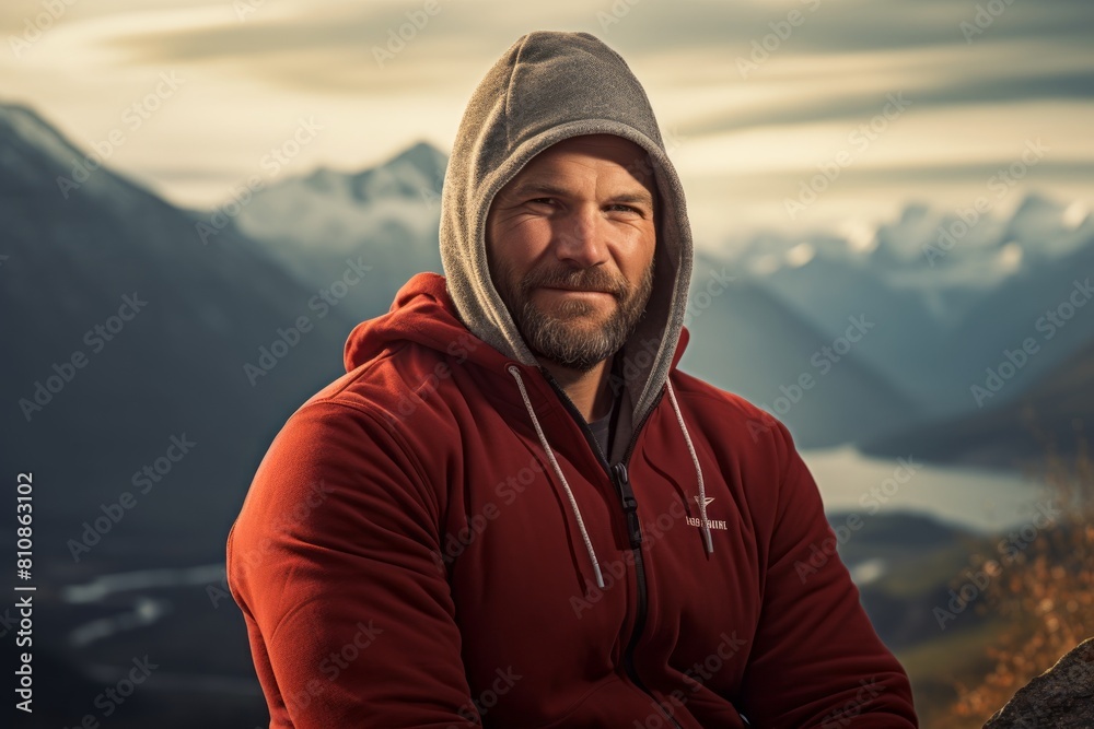 Portrait of a jovial man in his 40s sporting a comfortable hoodie in panoramic mountain vista
