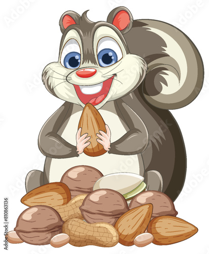 Vector illustration of a happy squirrel holding an almond