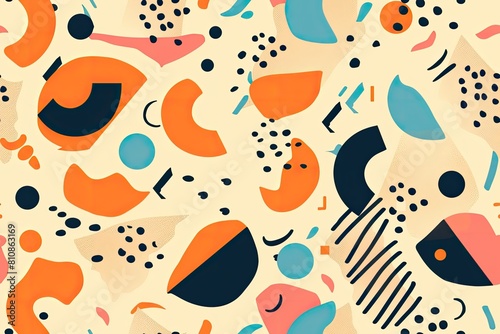 Vibrant seamless pattern with abstract geometric shapes and lines in retro 1980s style with a color palette of pastel pink, turquoise, black and orange, American and world fashion trends