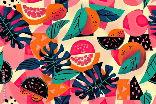 Seamless pattern with vibrant 1980s American and world fashion designs, lots of colorful fruits and leaves, ideal for fabric prints or wallpaper, the essence of the era's bold and eclectic style