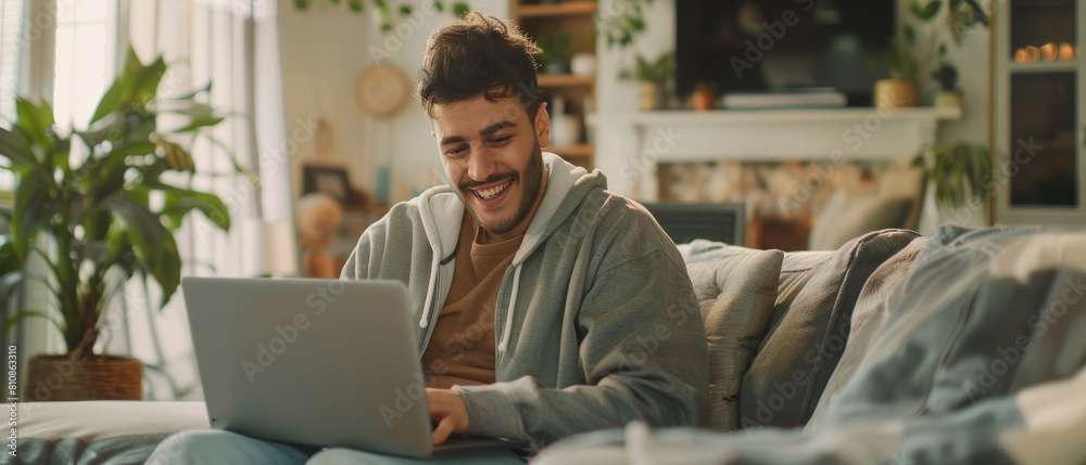 Obraz premium Happy Hispanic Man Uses Laptop Computer in a Cozy Living Room, Observing and Laughing at Content.