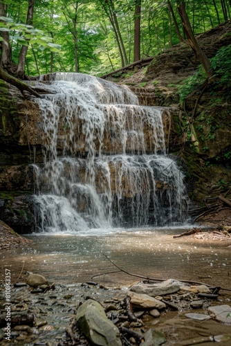 A serene waterfall in a lush forest setting. Ideal for nature-themed designs