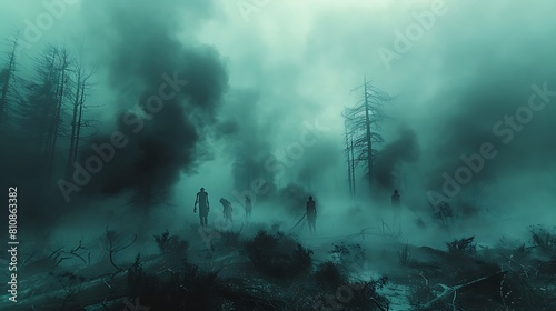 Immerse yourself in a dystopian landscape where zombie hands rise from a battlefield, shrouded in dense, chilling fog. photo