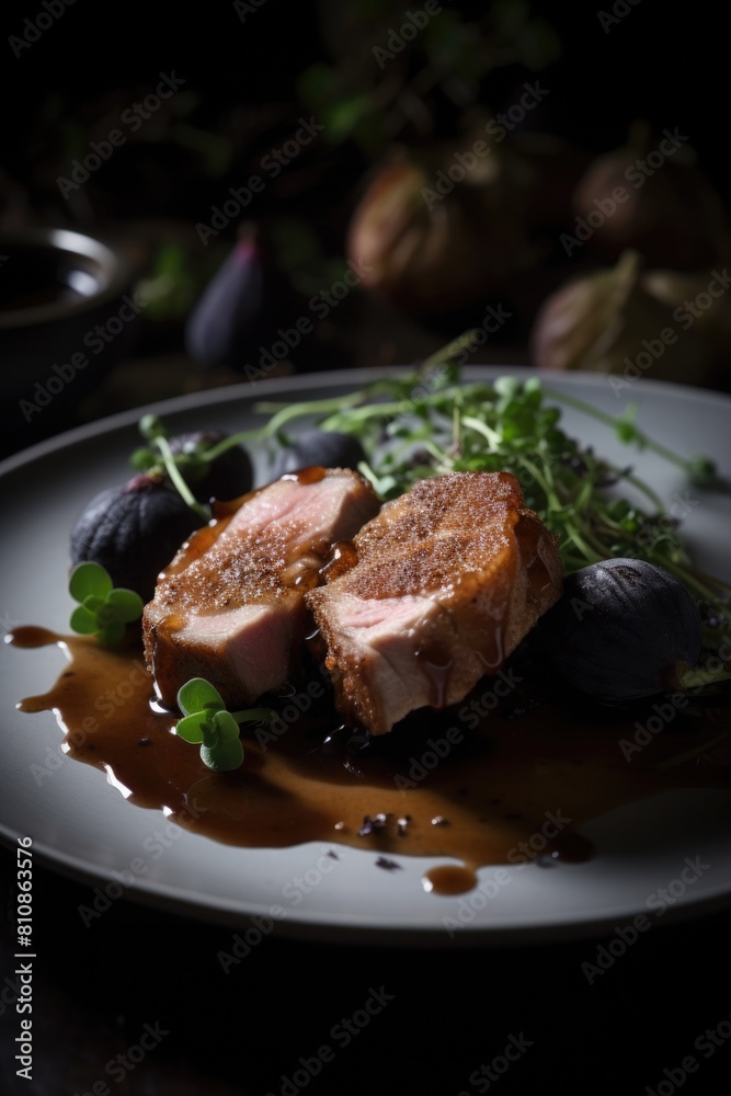 Baked meat with figs on a plate. Steak with fig sauce. grill and bbq. healthy dish in a restaurant