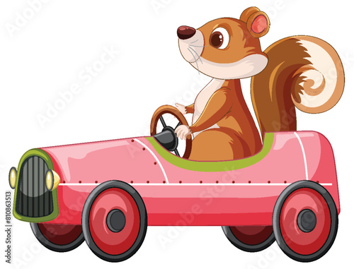 Cartoon squirrel in a pink toy car