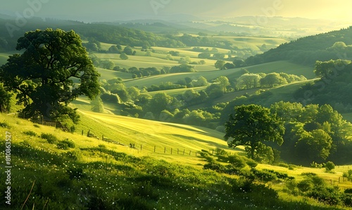 the idyllic countryside with an image of rolling green hills dotted with crops and trees  bathed in the soft light of springtime