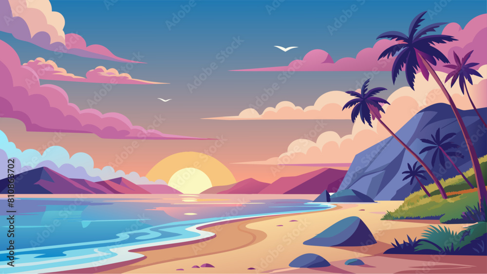 A beautiful beach scene with a sunset in the background. The sky is filled with clouds and the sun is setting, creating a warm and peaceful atmosphere. The beach is lined with palm trees