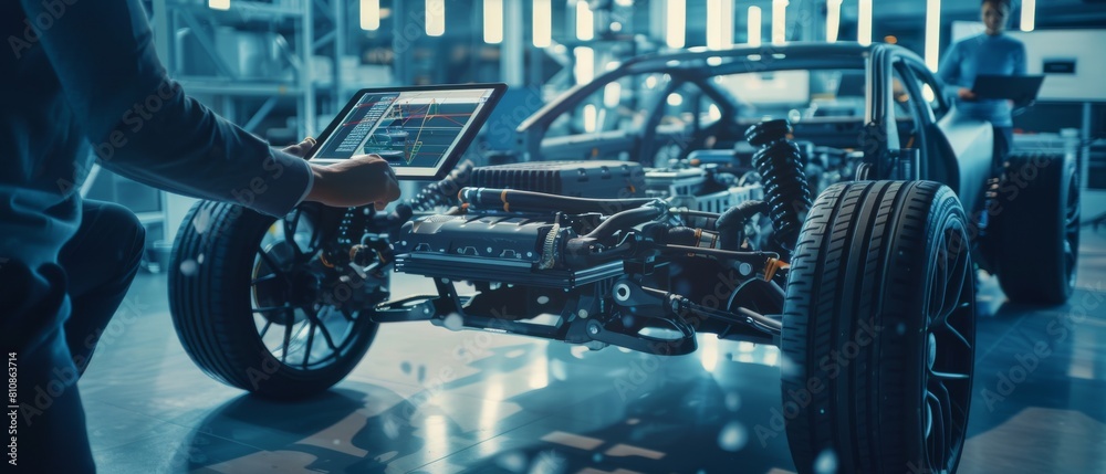 Fototapeta premium In Automotive Innovation Facility, vehicle frame with wheels, engine, and battery are being modeled using tablets with CAD software.