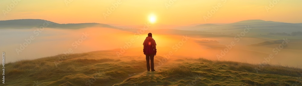 Traveler emerges from mist into the light of a tranquil mountain sunrise experiencing a moment of clarity and inner peace