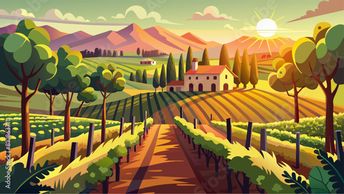 A beautiful countryside scene with a house and a road leading to it. The sun is shining brightly, creating a warm and inviting atmosphere. The lush green hills and trees provide a sense of tranquility