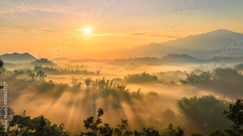 Majestic sunrise over misty...