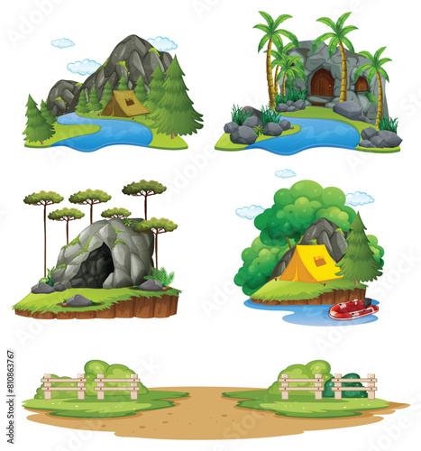 Illustrations of various natural landscapes and outdoor scenes