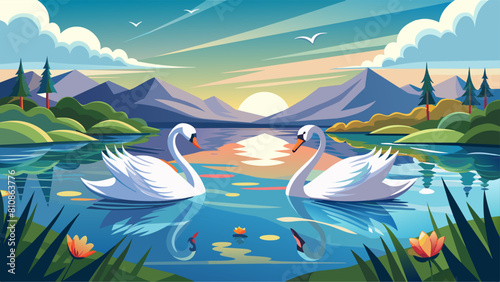Two swans are swimming in a lake with mountains in the background. The scene is peaceful and serene photo