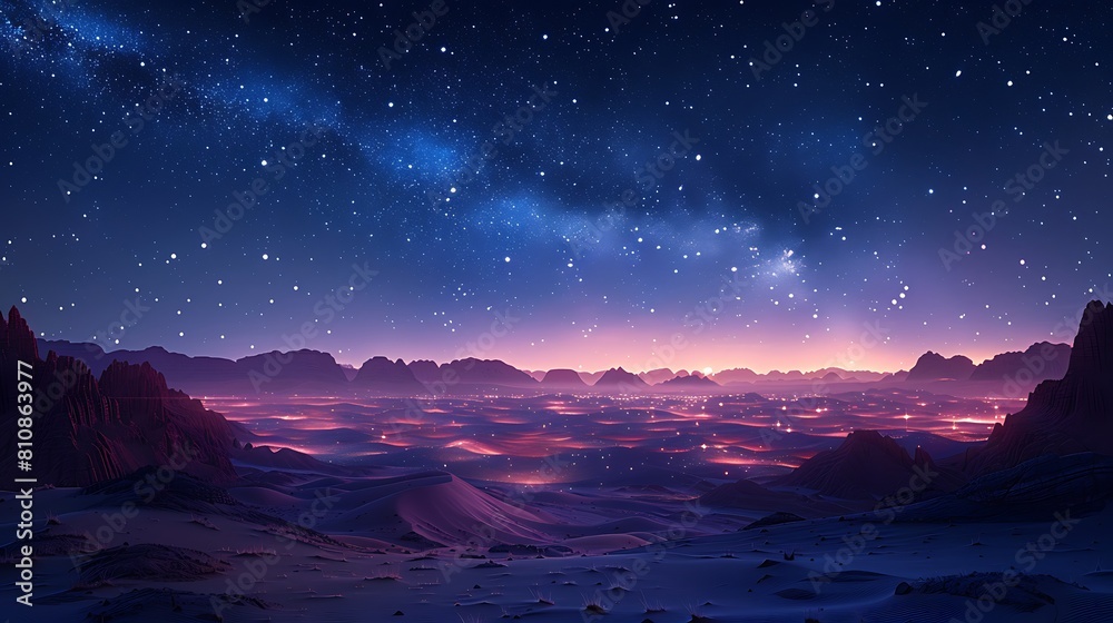 Look up at a starry night sky sprawling over a serene desert landscape.