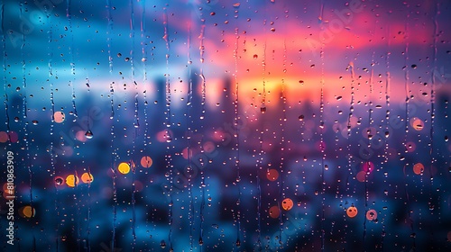 Look out a window streaked with raindrops, overlooking a blurred cityscape illuminated by colorful lights. photo