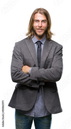 Young handsome business man with long hair over isolated background happy face smiling with crossed arms looking at the camera. Positive person.