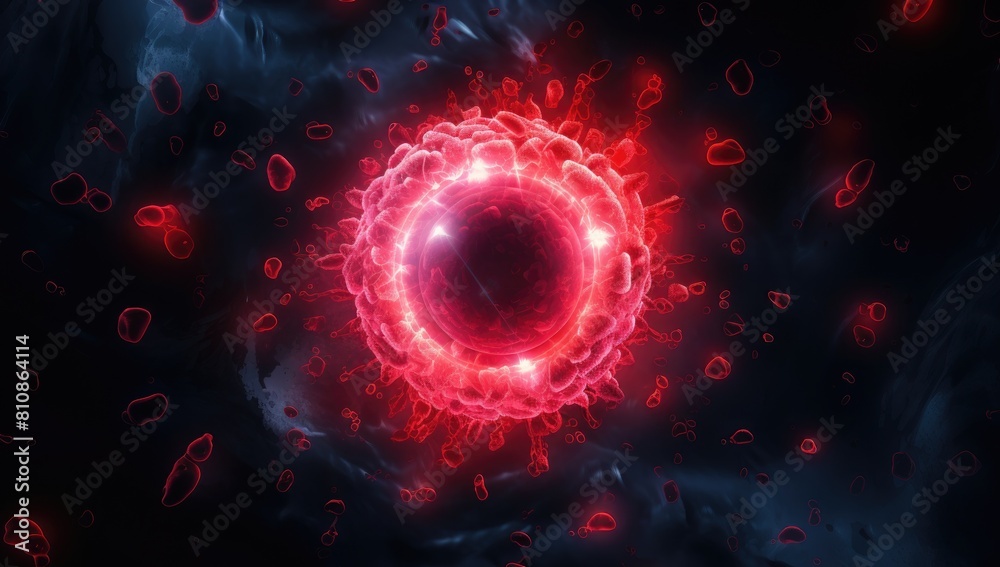 Fototapeta premium Cellular Assault: Cancer Cell Engages in Aggressive Attack on Healthy Cell