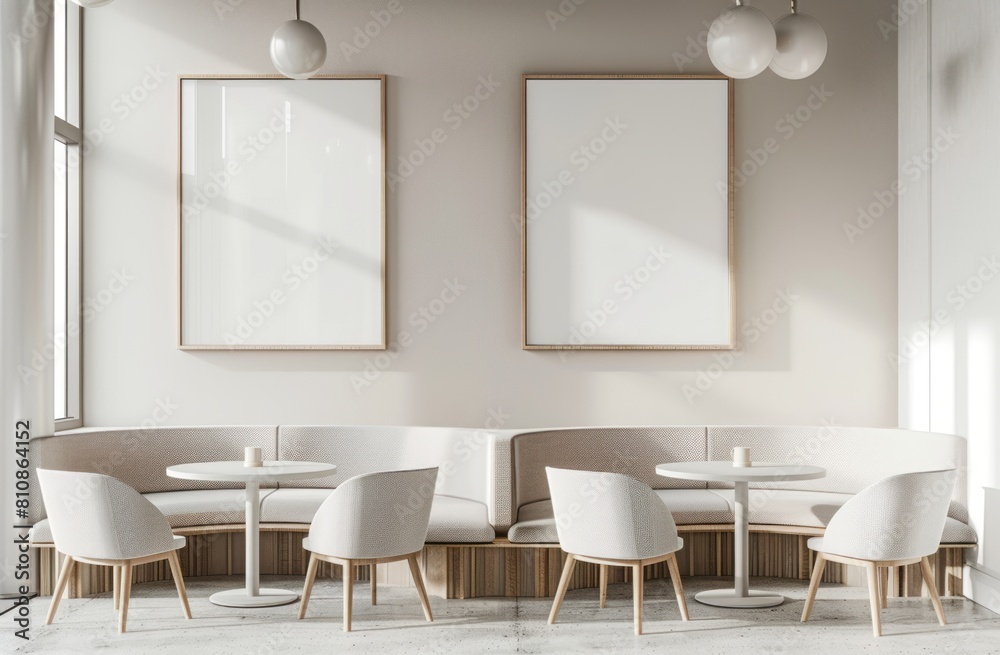 A minimalist cafe interior with two blank wall posters, showcasing soft lighting and neutral tones A minimalist cafe interior with two blank wall posters, showcasing soft lighting and neutral tones