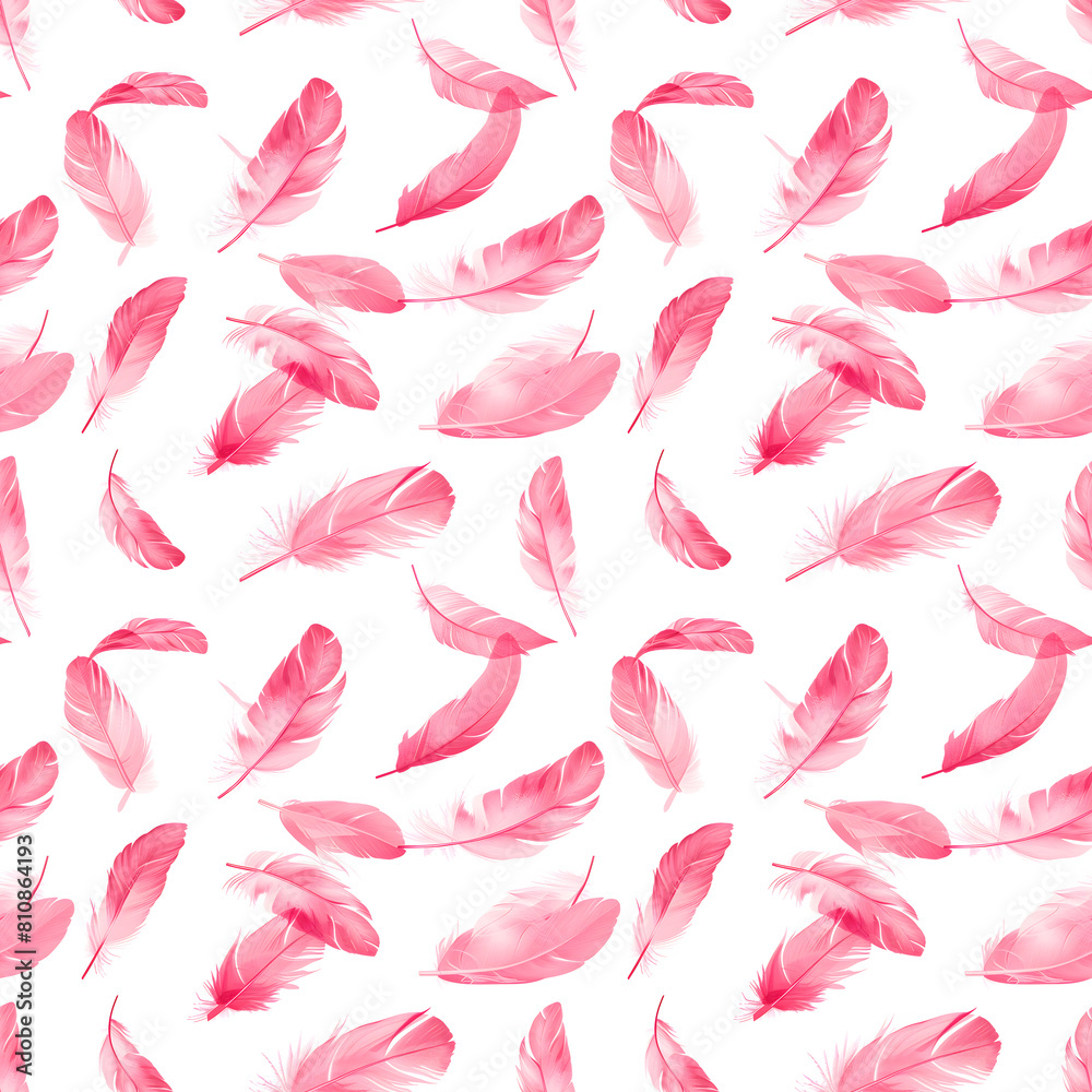 Fototapeta premium Seamless pattern of flying pink feathers on a white background.
