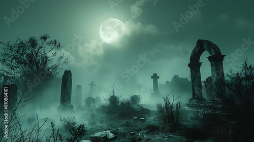 Moonlit cemetery featuring ancient gravestones and eerie statues shrouded in fog. photo