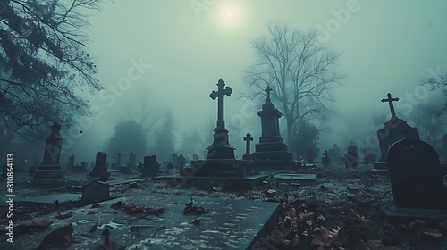Moonlit cemetery featuring ancient gravestones and eerie statues shrouded in fog. photo
