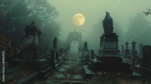 Moonlit cemetery featuring ancient gravestones and eerie statues shrouded in fog. photo