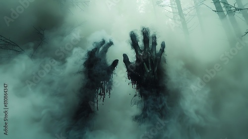 Observe a macabre scene of ghoulish hands breaking through the ground, surrounded by night mists in a sinister forest clearing. photo