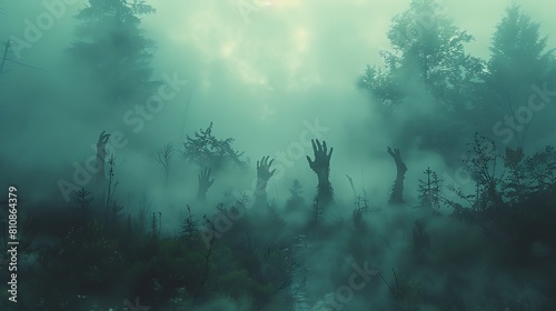 Observe a macabre scene of ghoulish hands breaking through the ground, surrounded by night mists in a sinister forest clearing. photo