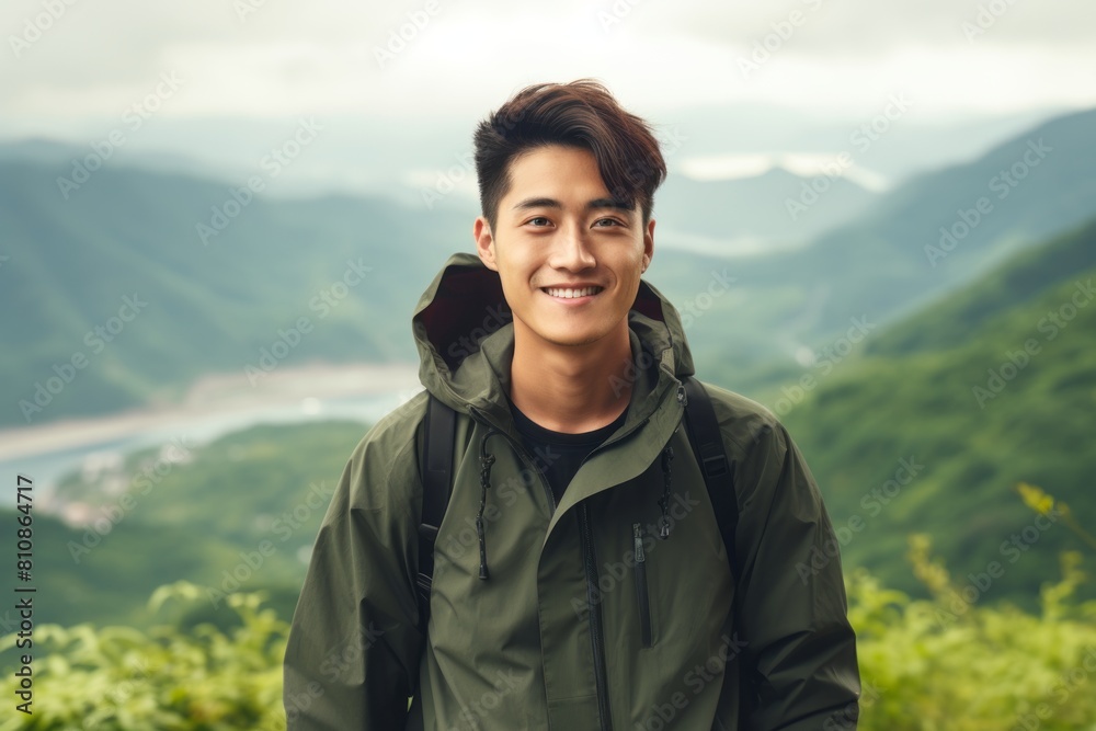 Portrait of a smiling asian man in his 20s wearing a functional windbreaker in panoramic mountain vista